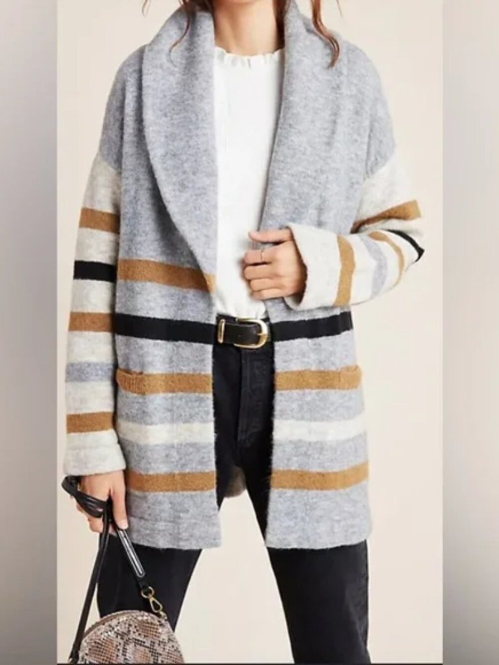 Anthropologie Vanja Striped Wool Blend Cardigan XS Oversized Grey Sweater